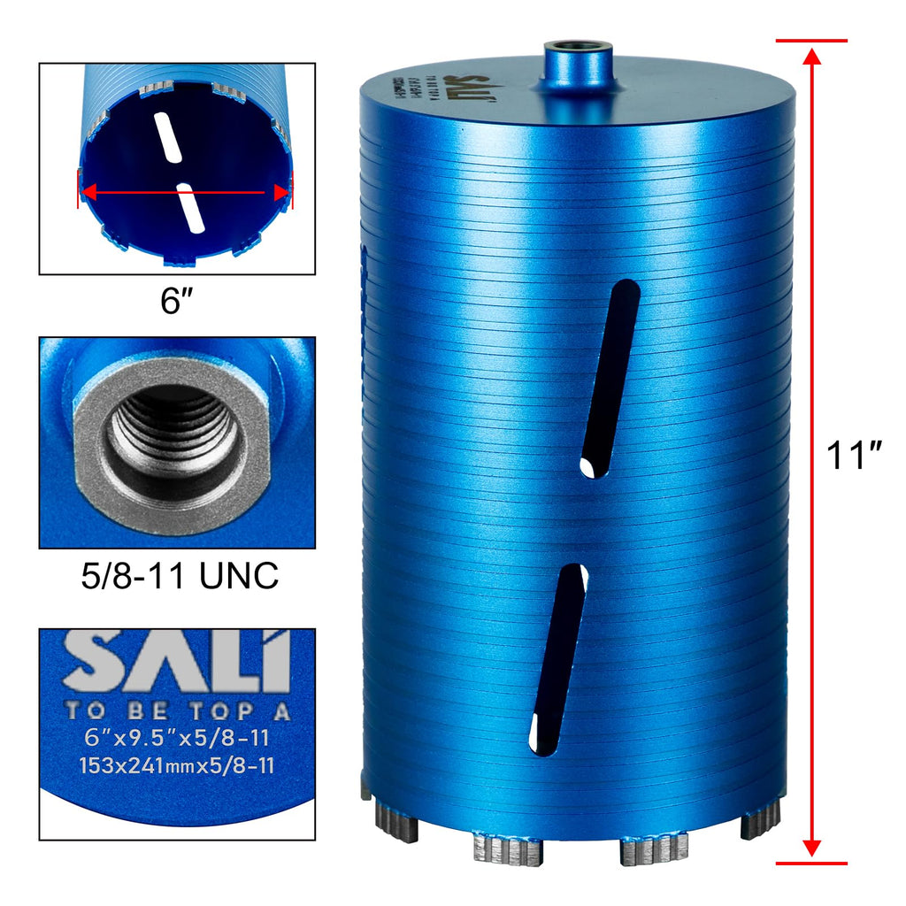 SALI Diamond Core Drill Bits 6" Diameter 10"/254mm Drilling Depth 5/8-11" Thread Core Bit Turbo Laser-Welded Segments for Cured Concrete with, Brick, Block, Masonry, with Two Adapters