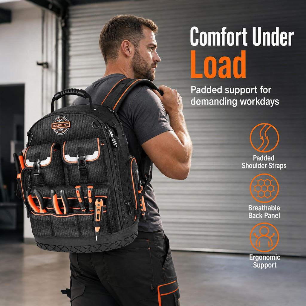 Tool Backpack Heavy Duty, 18.5 in, 56 Pockets, Molded Bottom, Black
