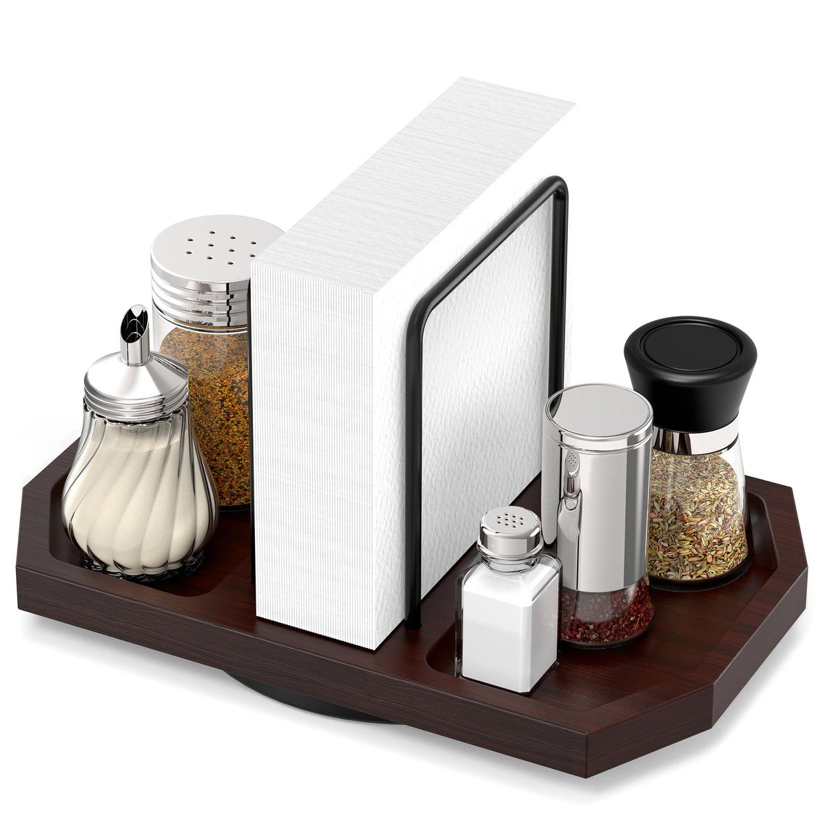 Rotating Napkin Holder for Table with Salt Storage, Brown
