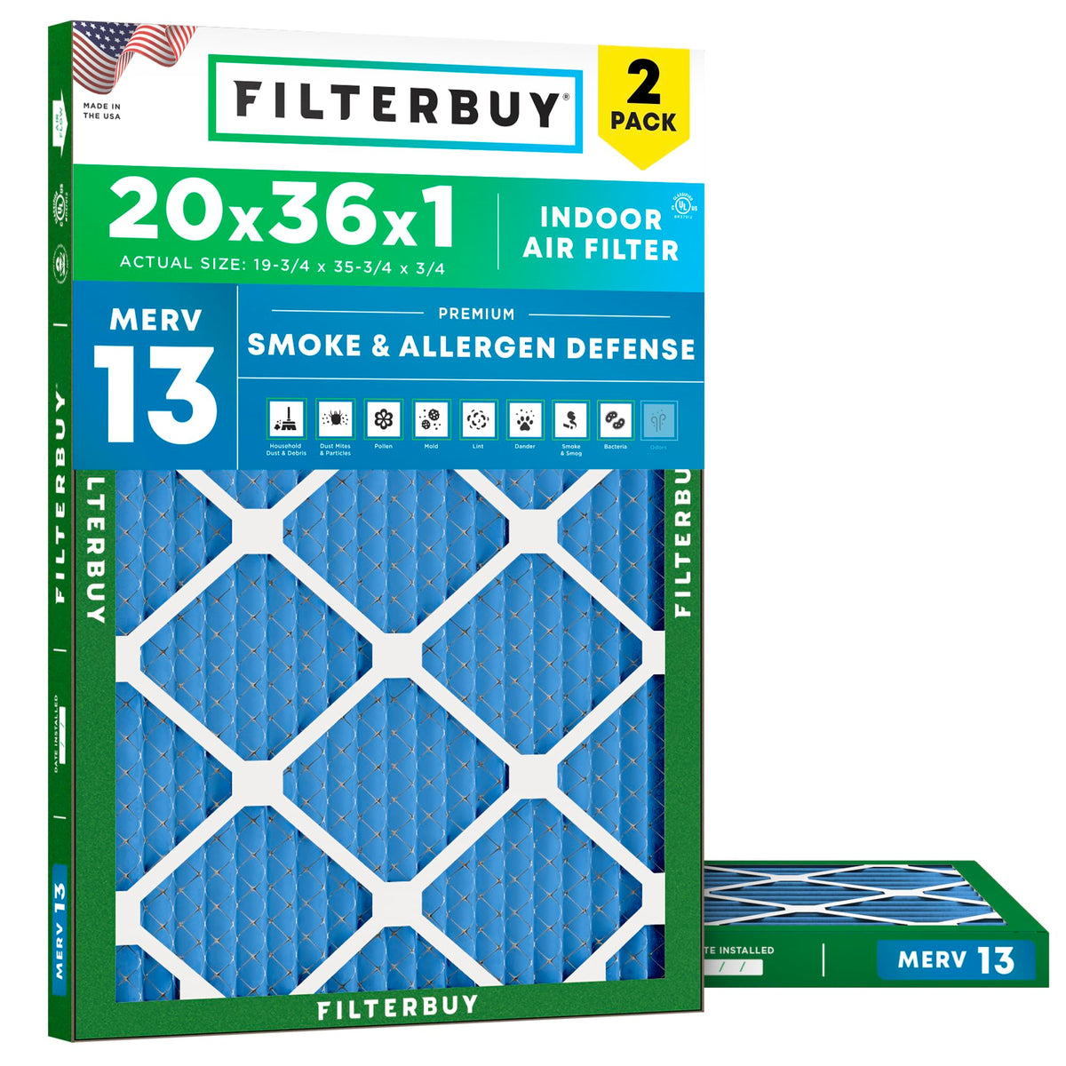 20x36x1 Air Filter MERV 13 Smoke & Allergy Defense (2-Pack)
