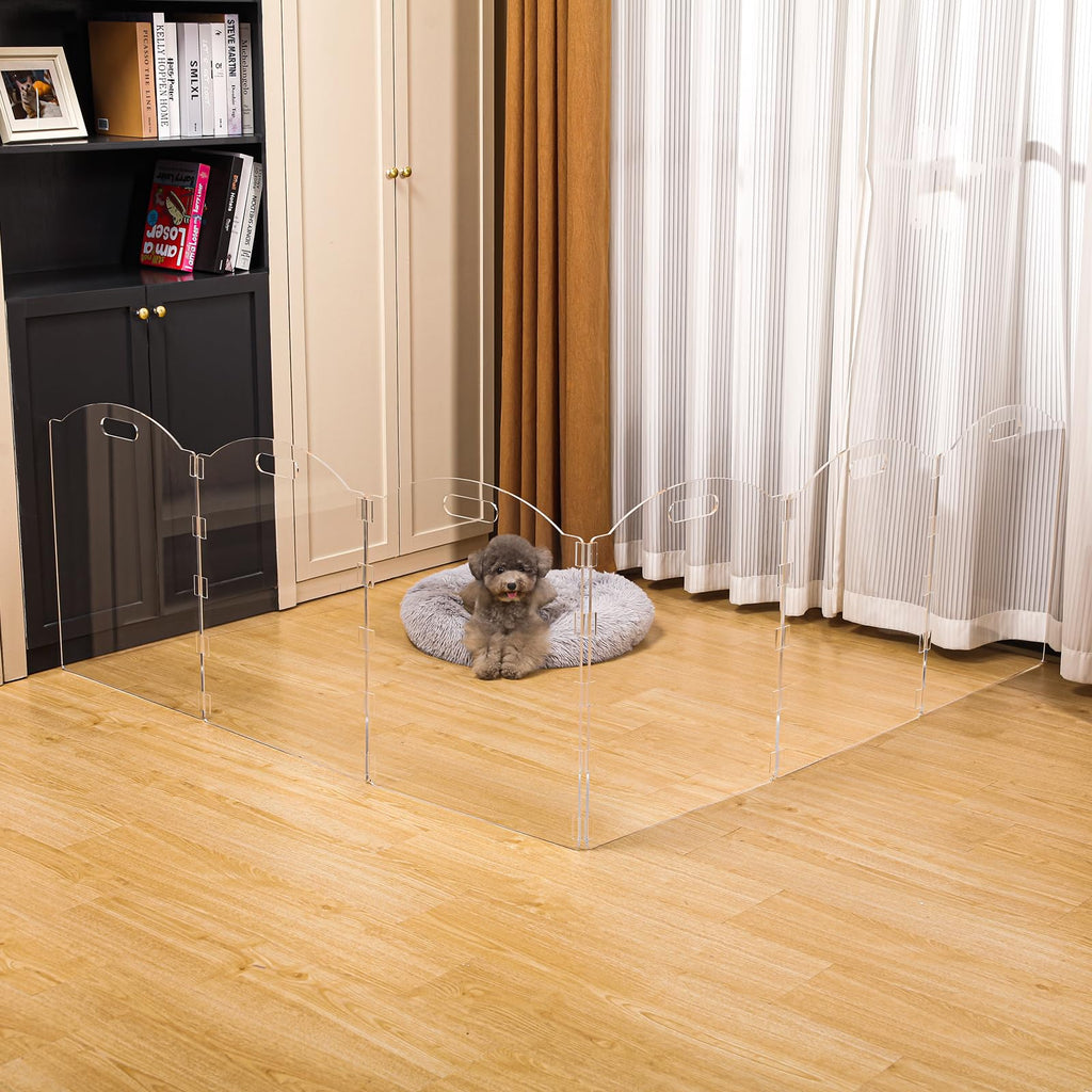 6-Panel Clear Acrylic Freestanding Indoor Pet Barrier Gate with Modern Folding Frame for Wide Doorways, Hallways & Stairs