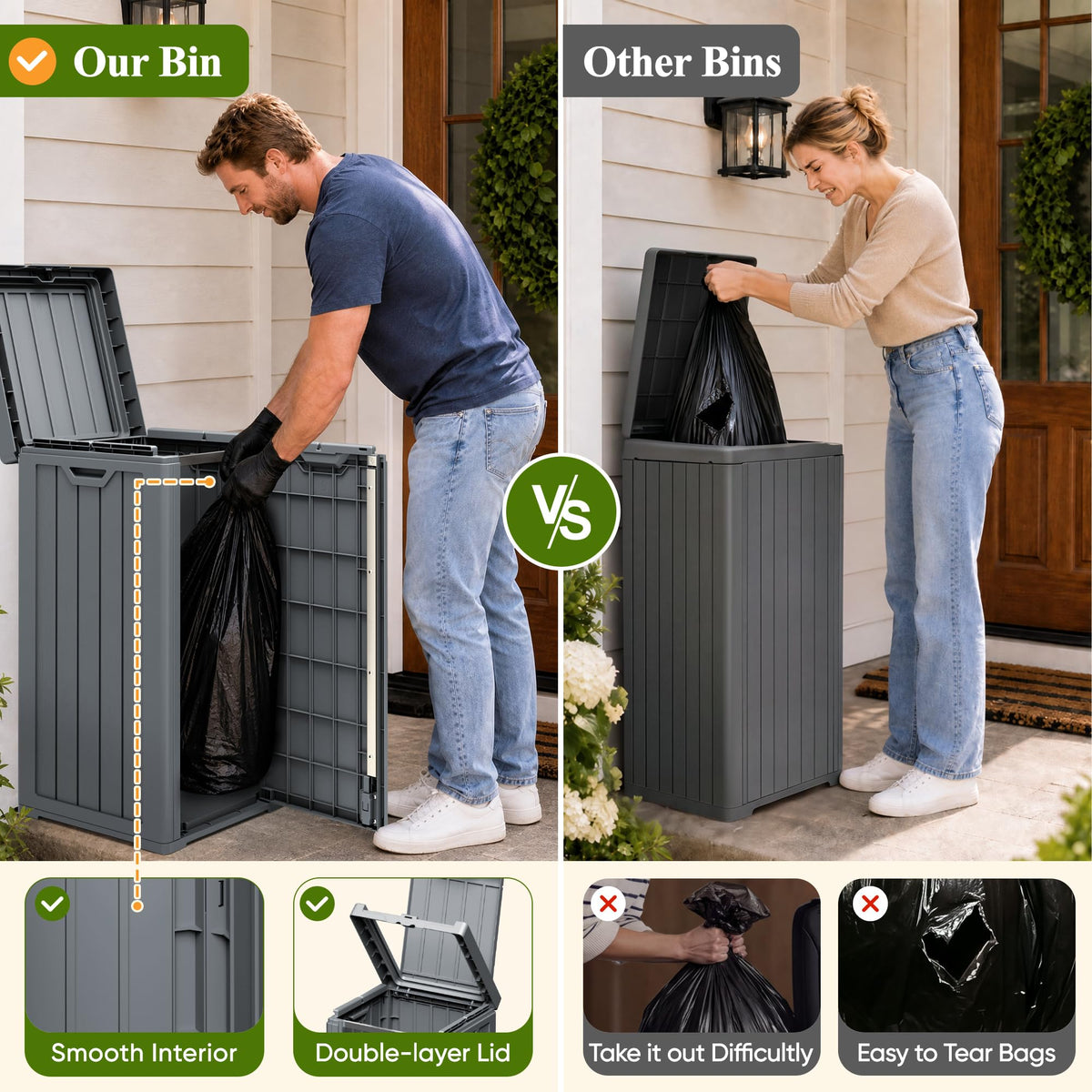 33 Gallon Outdoor Trash Can with Lid, Front Door & Top Lid, Gray