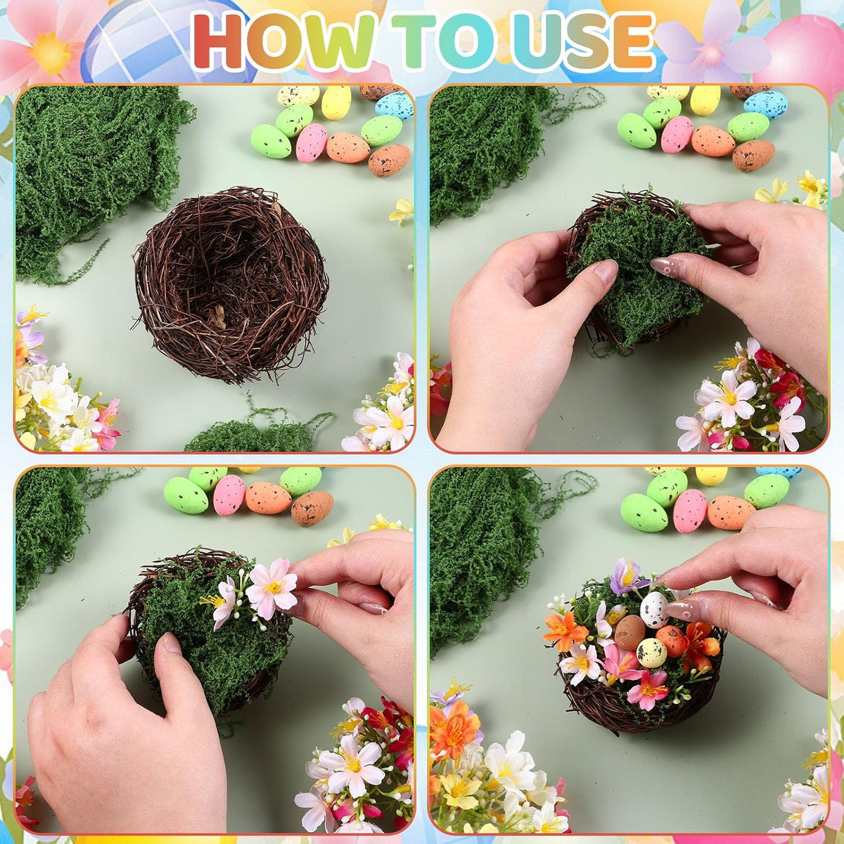 8 Sets Bird Nest Decor Kit Artificial Bird Rattan Nests with Colorful Eggs Moss Flowers DIY Faux Nest Spring Decor