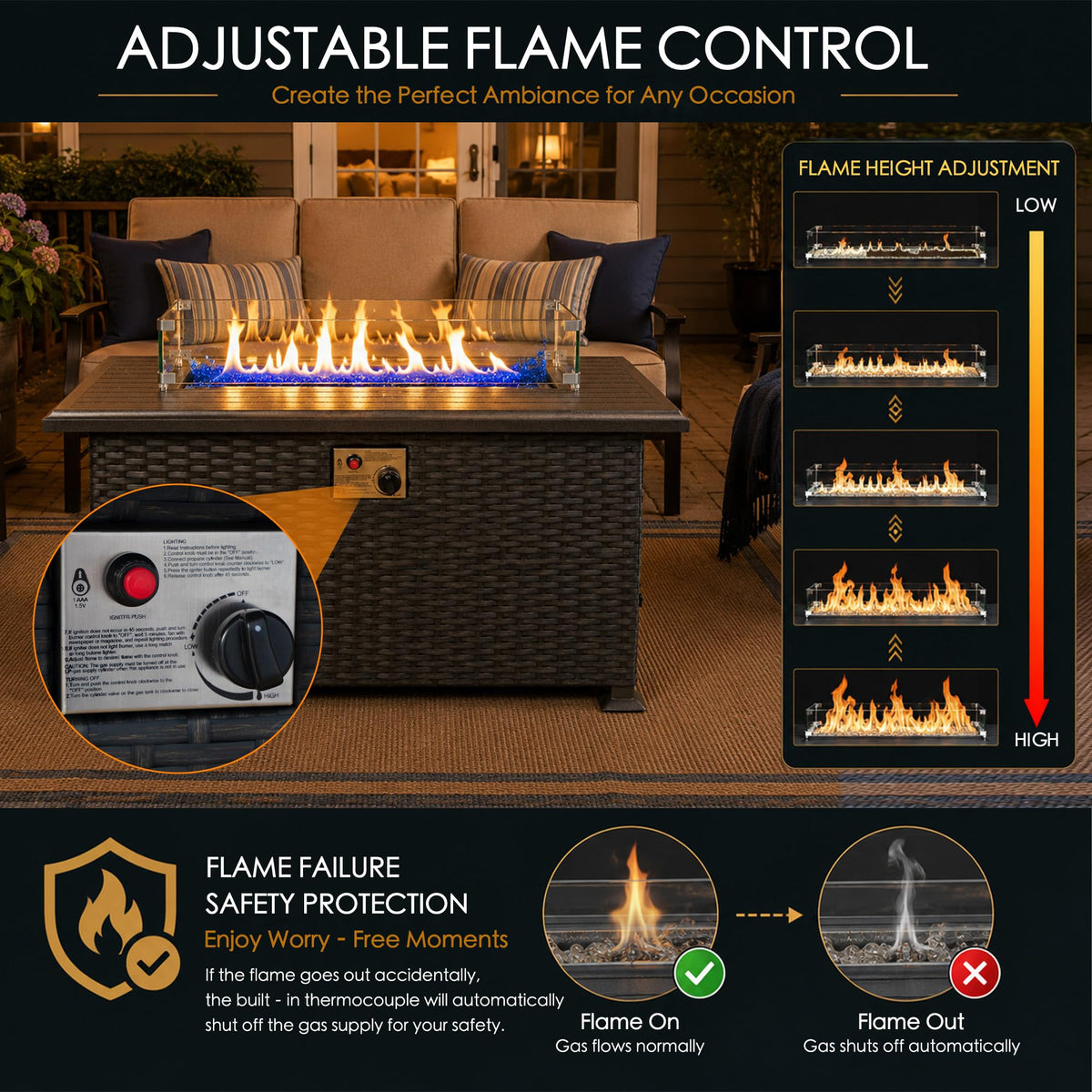 Outdoor Patio Propane Gas Fire Pit Table 50,000 BTU Wicker Design