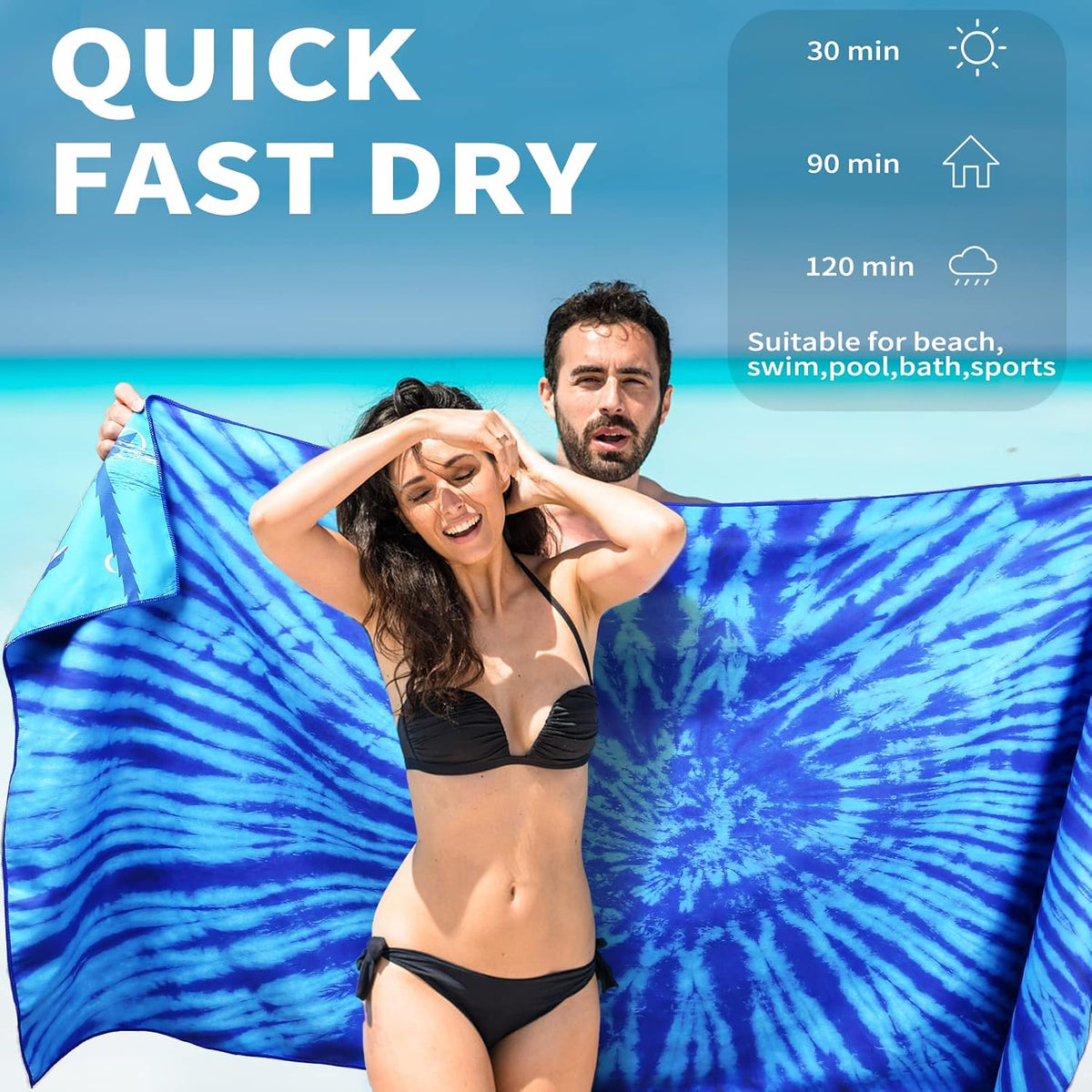 Microfiber Beach Towel Oversized 71x32, Thin, Blue with Bag 2 Pack | Lightweight Sand Free Absorbent Quick Dry