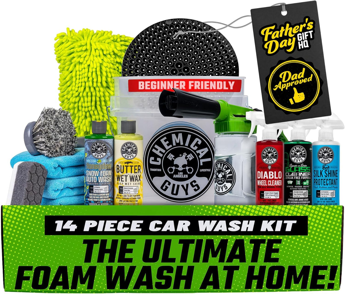 Car Wash Kit 14-Pc Arsenal Builder - with Foam Blaster, Wash Bucket, Towels, Applicators, and 16 oz Soaps, Waxes, and