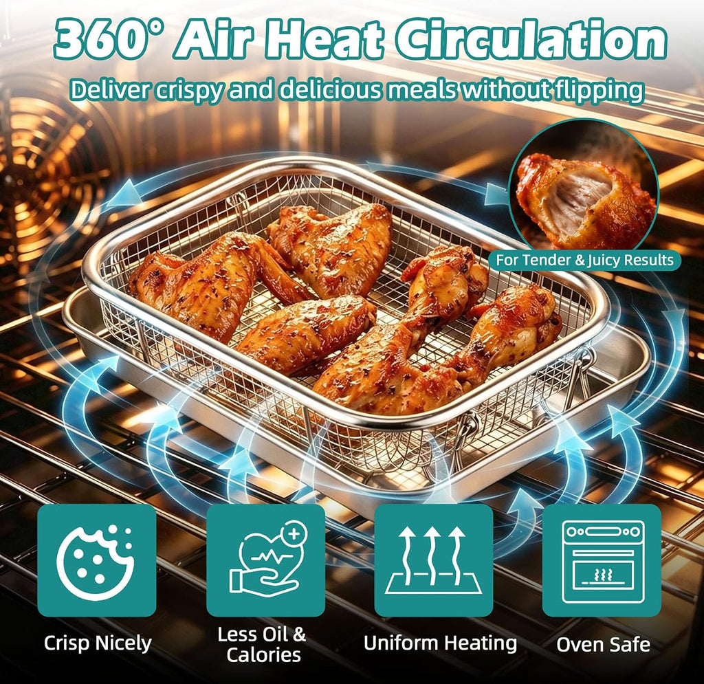 Air Fryer Basket for Oven, 9.3" x 7" Air Fryer Basket and Tray | Stainless Steel, with Grease-Catching Tray, Less Oil