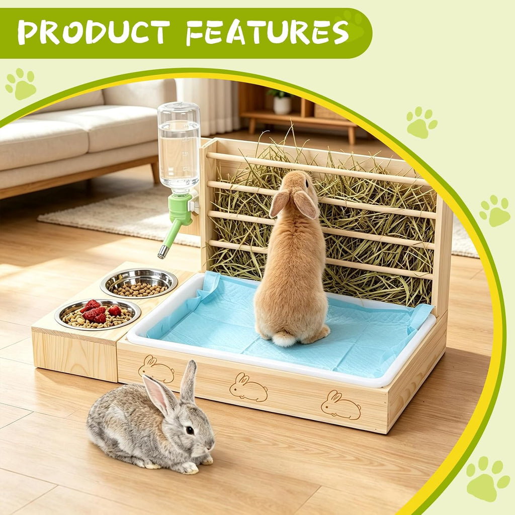 4 in 1 Rabbit Hay Feeder with Litter Box, Small Pets Hay Rack Water Bottle