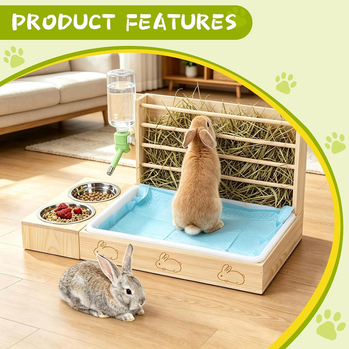 4 in 1 Rabbit Hay Feeder with Litter Box, Small Pets Hay Rack Water Bottle