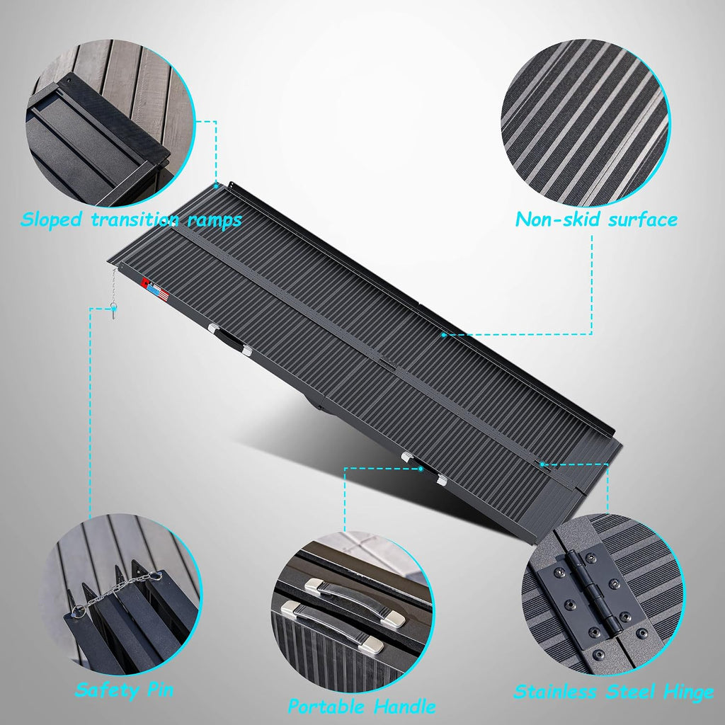 Black Portable Wheelchair Ramp, 7FT No-sew Non-Slip Aluminum Wheelchair Ramp, Folding Portable Wheelchair Ramps for