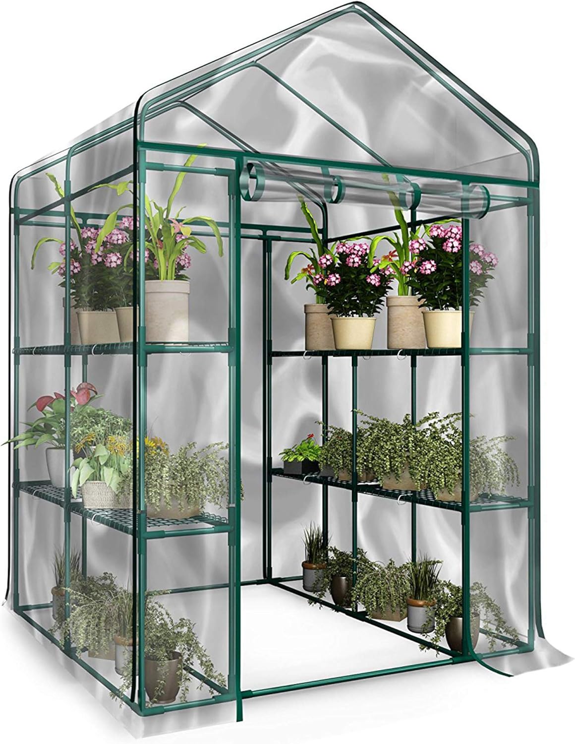 Greenhouse - Walk in Greenhouse with 8 Sturdy Shelves and PVC Cover for Indoor or Outdoor Use - 56 x 56 x 76-Inch
