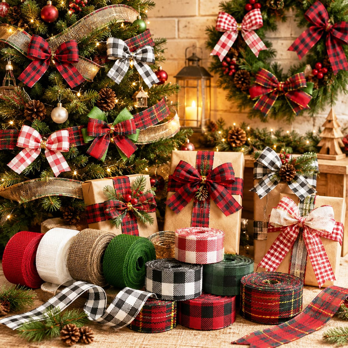 10 Rolls Christmas Wired Ribbon, 1 Inch x 50 Yards Plaid Burlap Ribbon Assortment, Red Green Holiday Ribbon for Tree