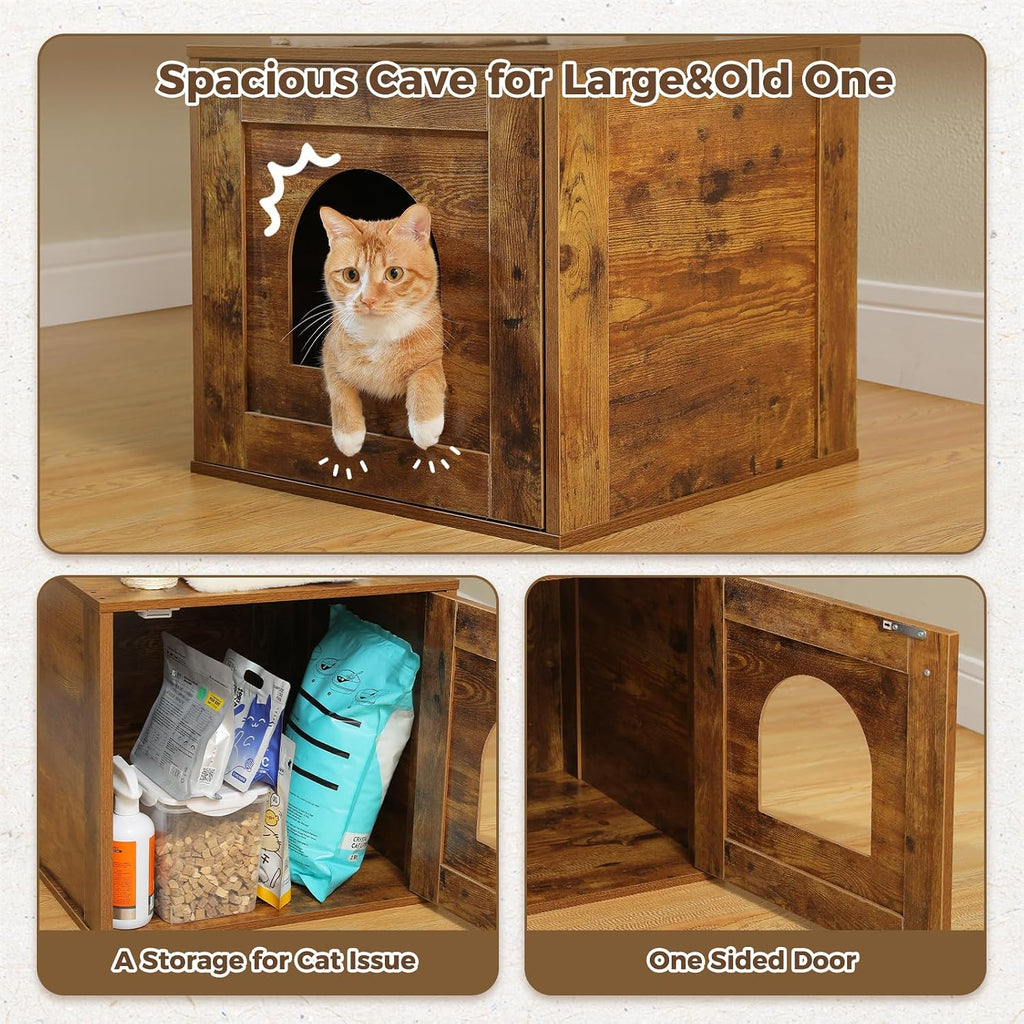 Cat Tree with Litter Box Enclosure, 2-in-1 Wood Cat Tower, Brown