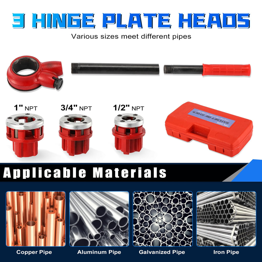 Pipe Threader Ratchet Kit， Manual Ratcheting Pipe Threading Tool Set with 3 NPT Dies 1/2" NPT, 3/4" NPT, 1" NPT,Portable Cast Iron Pipe Threading Set for Galvanized Aluminum Iron Copper PVC Pipes