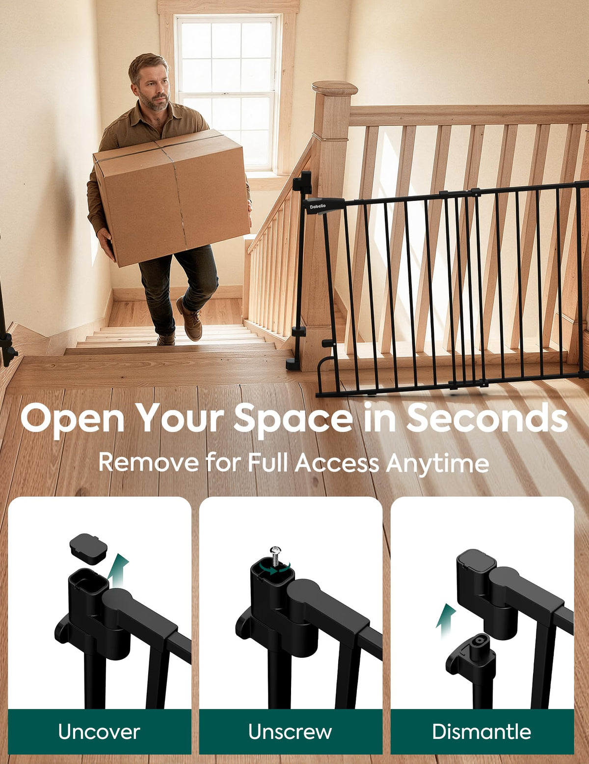 35.5-55" x 30" H Adjustable Hardware/Pressure-Mounted Pet & Child Safety Gate with Dual-Lock Walk-Through Swing Door for Stairs, Hallways & Wide Doorways — Black