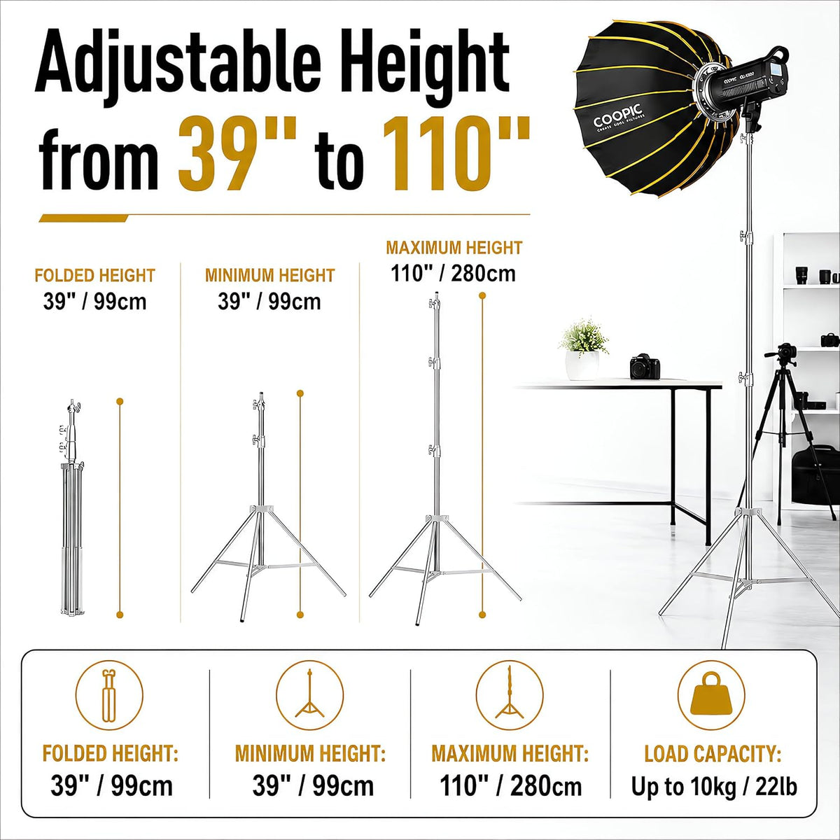 9.2ft/2.8m Stainless Steel Light Stand, Spring Cushioned Heavy Duty Photography Tripod Stand with 1/4” to 3/8”