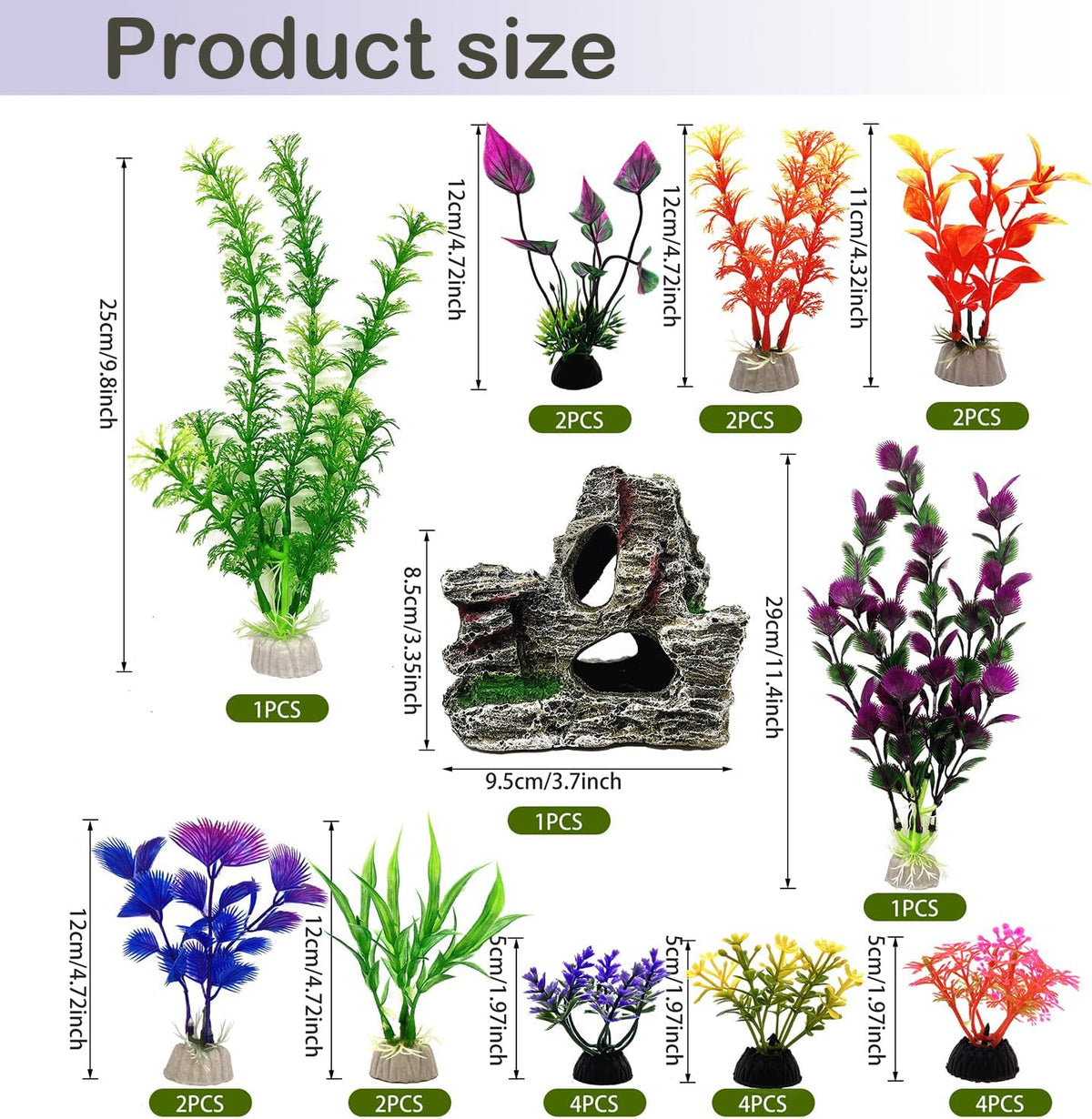 25 PCS Aquarium Plants & Rock Cave Decorations Set – Colorful Fish Tank Plastic Plants Ornaments with Resin Rock