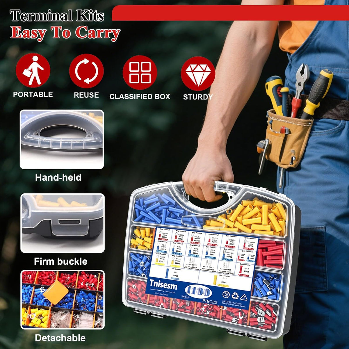 1100PCS Wire Connector Kit with Crimping Tool, Copper Insulated Electrical Wire Terminals - Ring, Butt, Spade, Fork