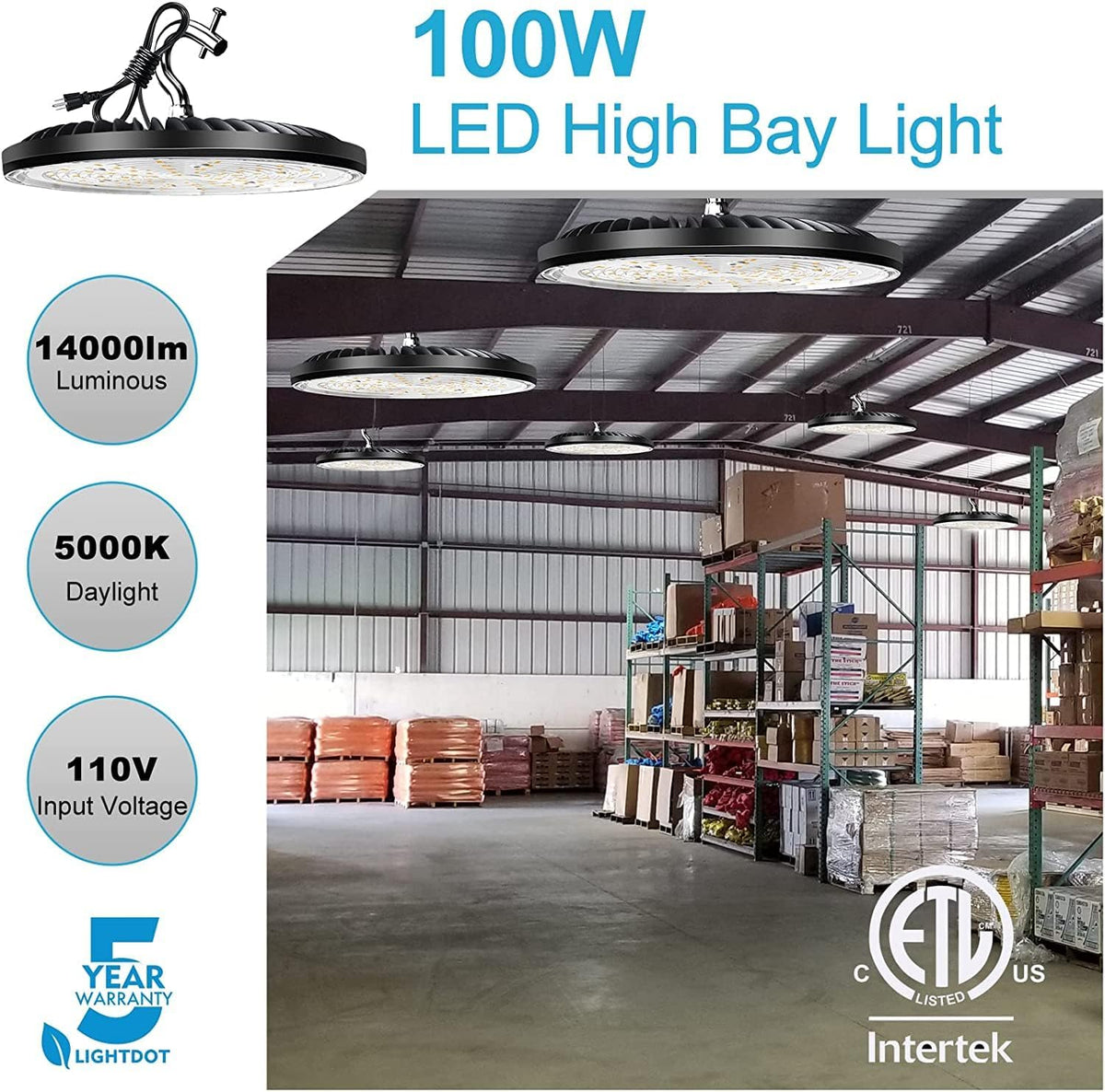 Lightdot UFO LED High Bay Lights, Plug & Play, 100W, 15000LM, 5000K