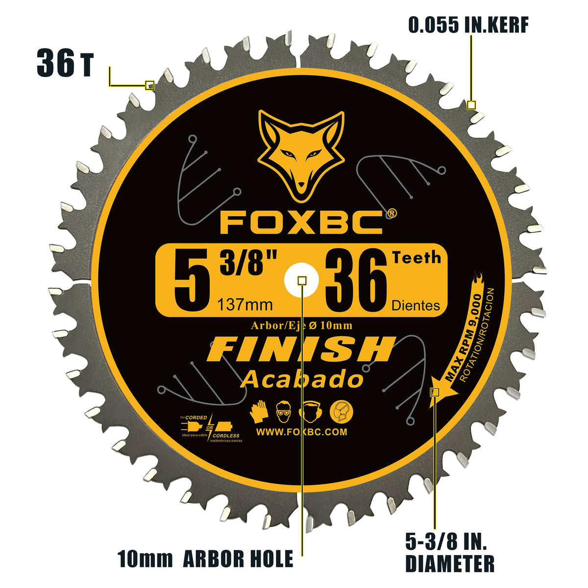 FOXBC 5-3/8 Inch Carbide Circular Saw Blade 36 Tooth Trim Finish Wood with 10mm Arbor