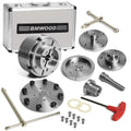 5.5" Woodlathe Chuck, Thread 1-1/4"x8TPI", Dovetail Jaws, Pin Jaws, 10" Flat Jaws, Step Jaws, Wide Jaws, Wood Screw, Thread adaptor to 1"x8TPI, Two Nylon Washers, Two Chuck Keys and T Handle Key.