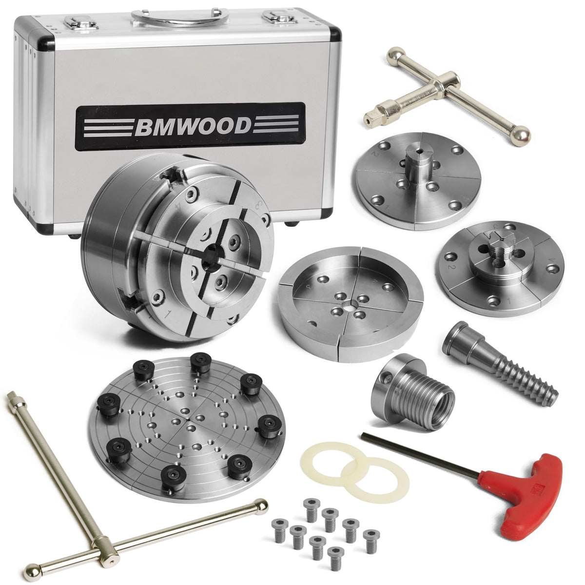 5.5" Woodlathe Chuck, Thread 1-1/4"x8TPI", Dovetail Jaws, Pin Jaws, 10" Flat Jaws, Step Jaws, Wide Jaws, Wood Screw, Thread adaptor to 1"x8TPI, Two Nylon Washers, Two Chuck Keys and T Handle Key.
