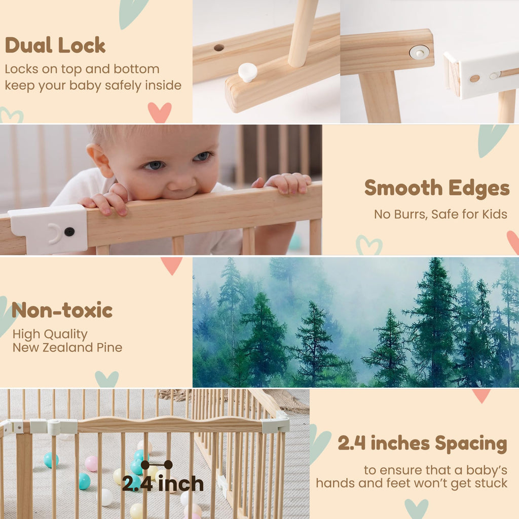 86" x58" Modular Foldable Baby Playpen & Safety Activity Yard with Locking Walk-Through Gate for Infants & Toddlers — Natural Wood
