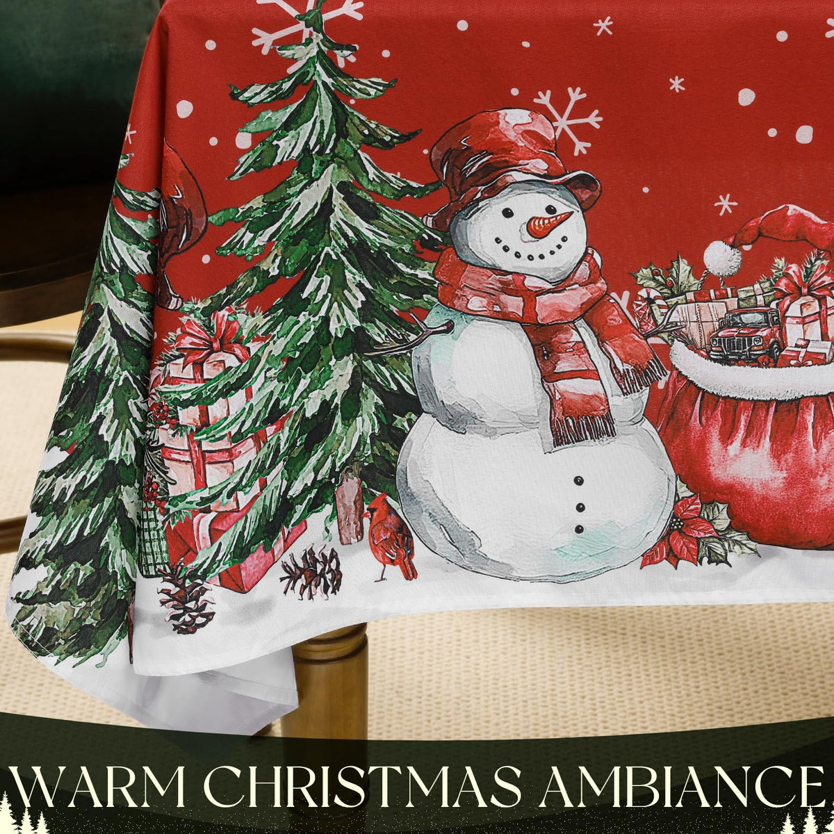 Red Christmas Tablecloth with Snowman, 60 x 84 Inch Rectangle