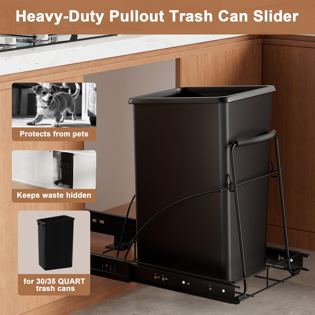 Pull Out Trash Can Under Cabinet Shelf - Under Sink Trash Can Pull Out Slider - Cabinet Trash Can Pull Out Kit - (Can