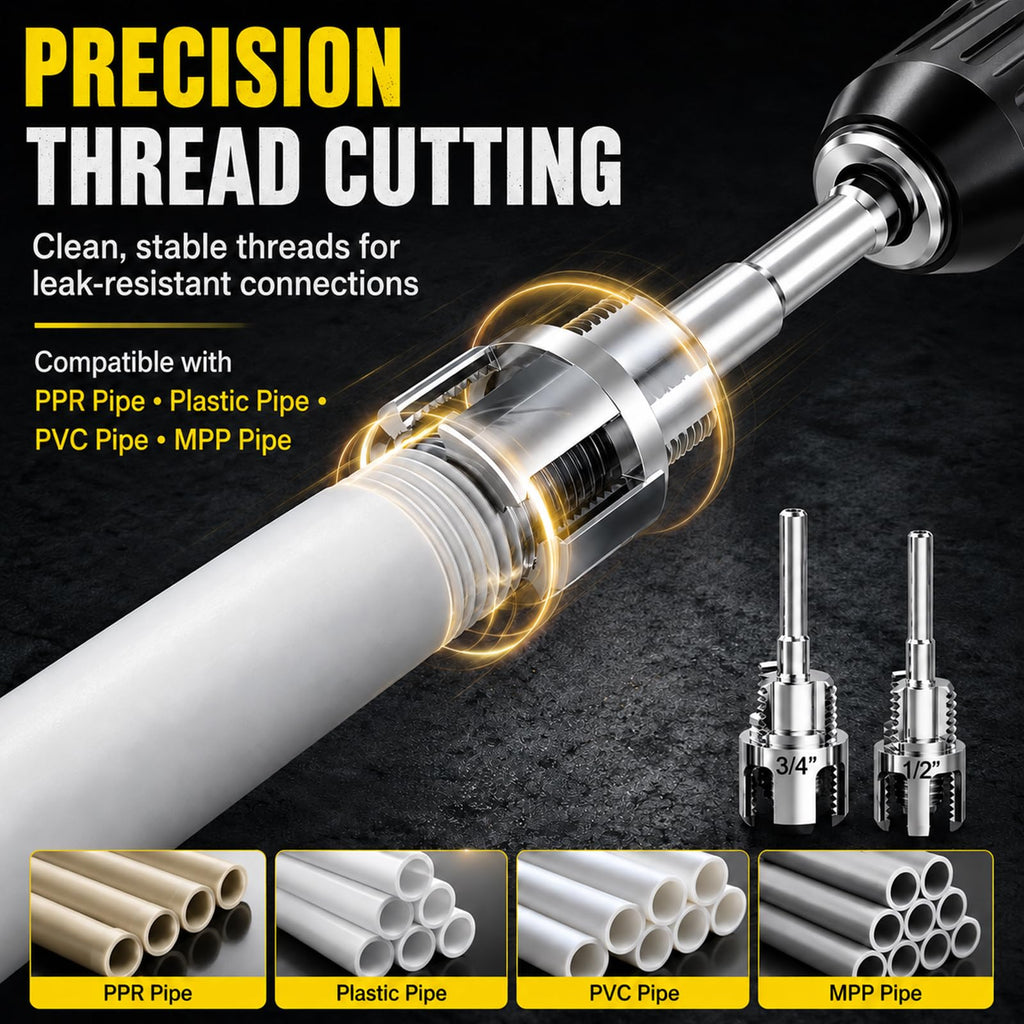 Internal & External Pipe Threading Tool(1/2'' 3/4'' Dies), 2025 New Function Pipe Thread Cutting Tool, Electric Drill Compatible PVC & Plastic Pipe Threader Kit for Home Repair (1/2"+ 3/4")