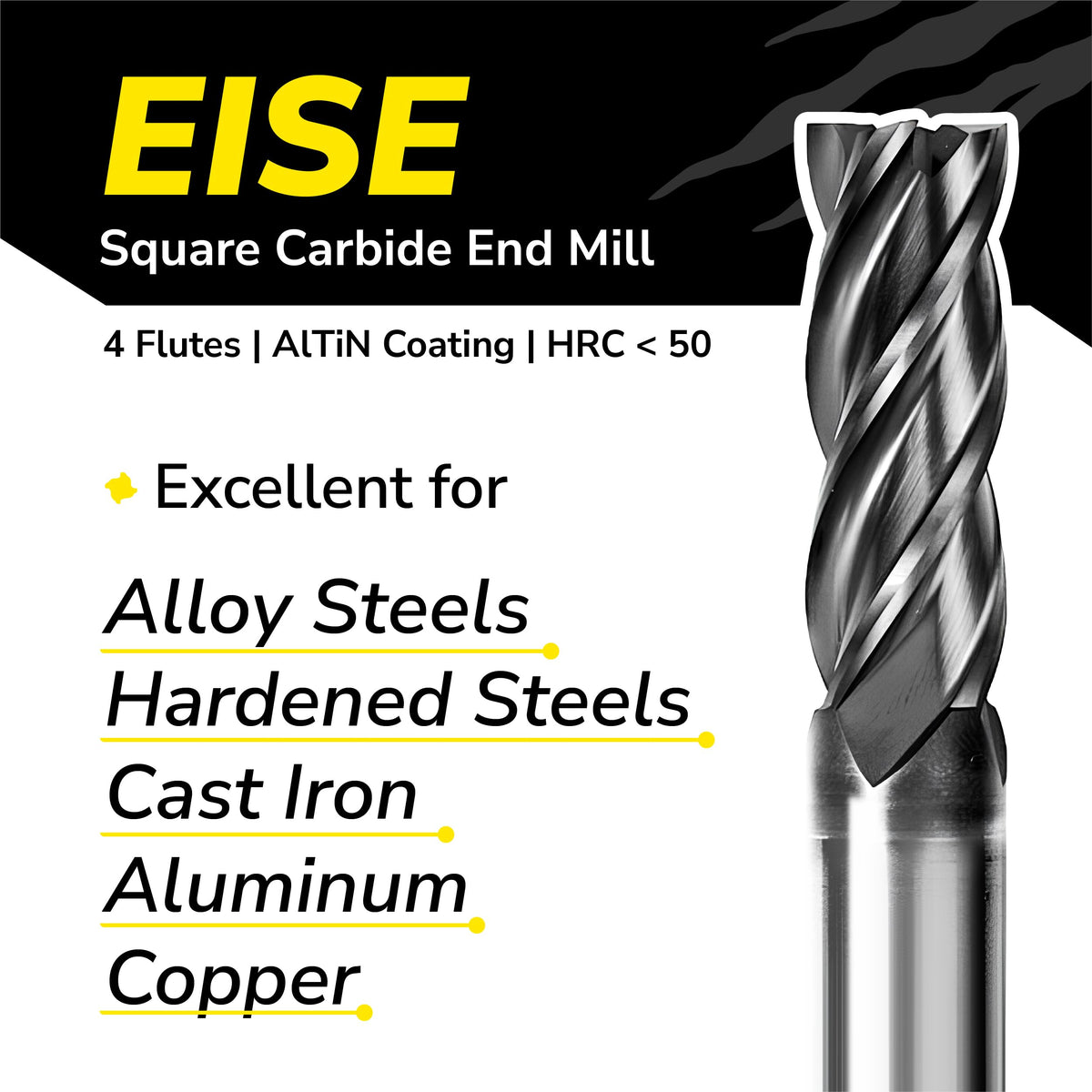 SPEED TIGER EISE 1/8" Carbide Square End Mill - 4 Flutes Milling Bits Set for Alloy Steels, Hardened Steels, Aluminum, Copper, Cast Iron, HRC 50 Deg AlTiN Coating, CNC Router Bits (5pcs)