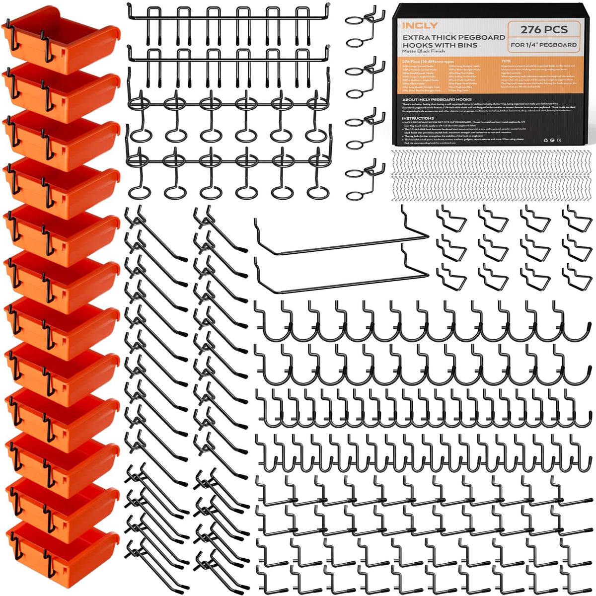 276PCS Pegboard Accessories Organizer Kit for 1/4 Inch Pegboard