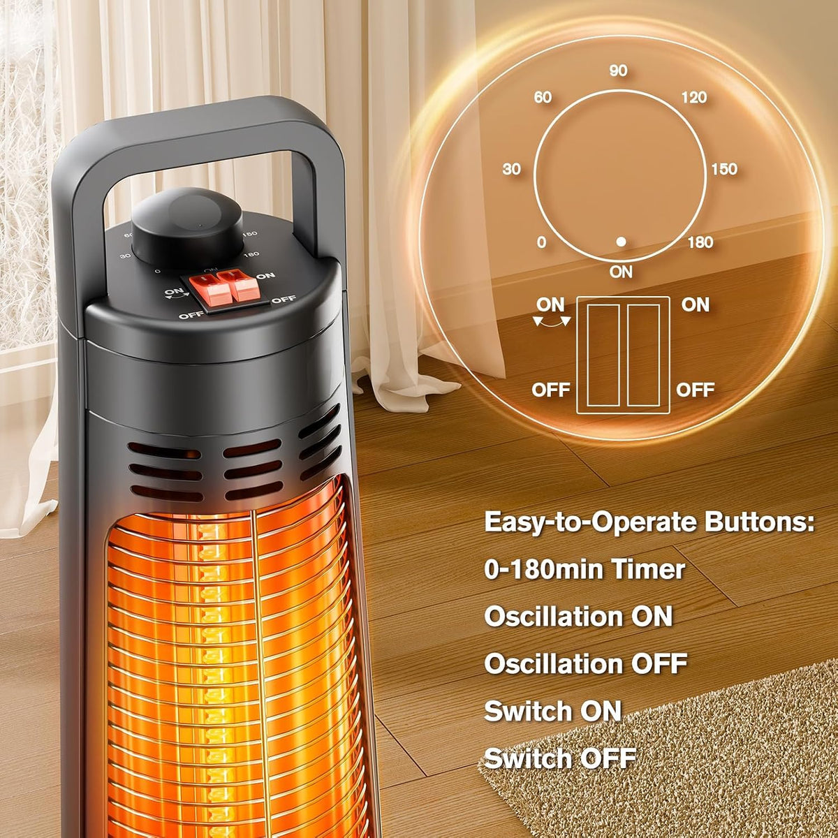 Outdoor Heaters for Patio, 1500W, Infrared Patio Heater with 3H Timer, 60° Oscillation, Tip-Over & Overheat