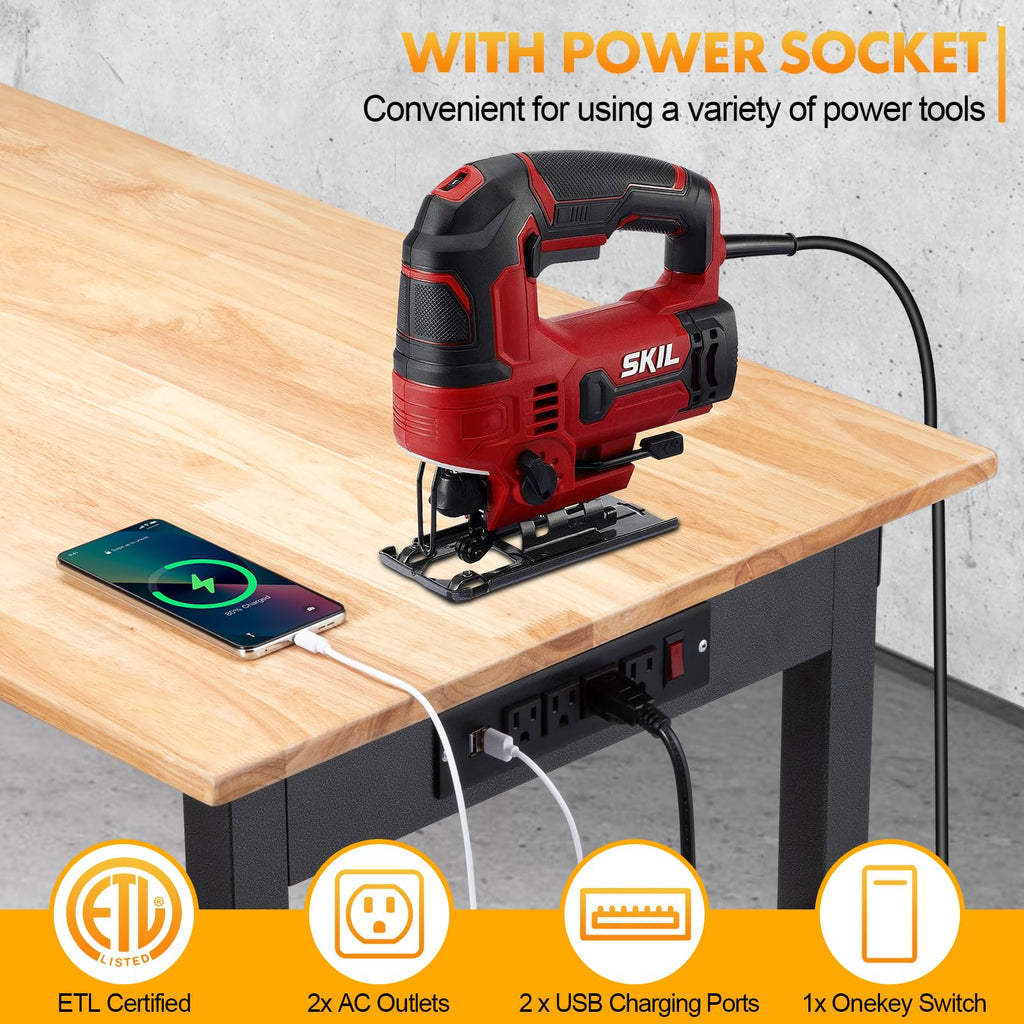 48" Adjustable Workbench, Work Table with Wheels and Power Outlet