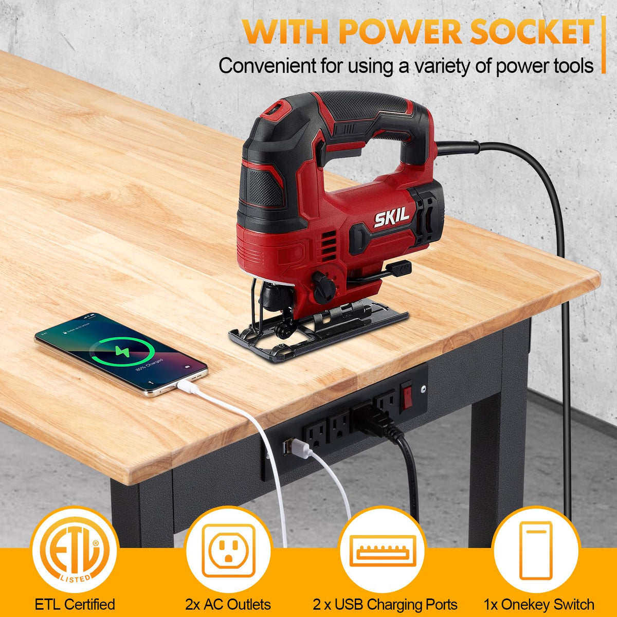 48" Adjustable Workbench, Work Table with Foot Pads & Power Outlet