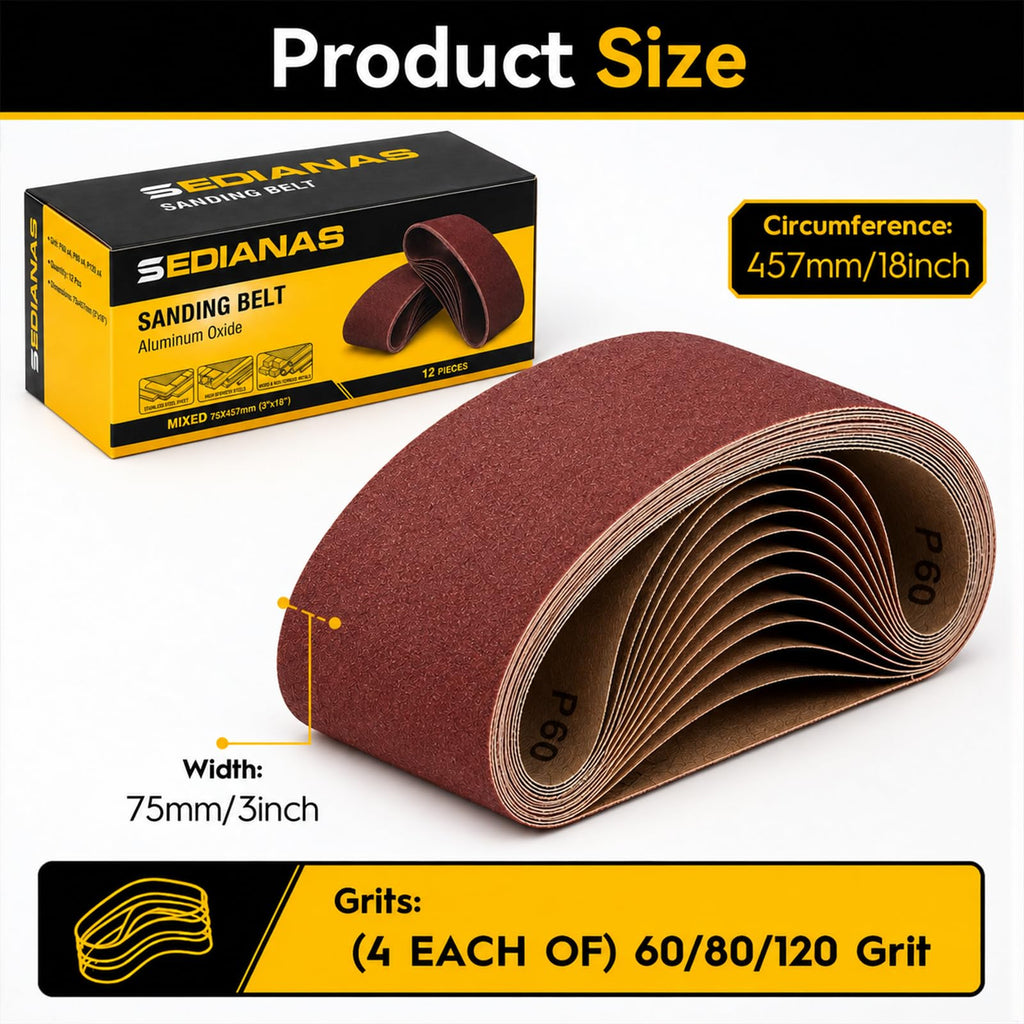 3 x 18" Sanding Belt Pack,12 Pcs(4 Each of 60 80 120 Grits) Aluminum Oxide