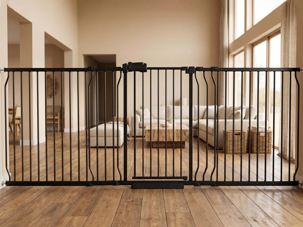 86-105" Extra-Wide Adjustable Hardware/Pressure-Mounted Pet & Child Safety Gate with Dual-Lock Walk-Through Swing Door for Stairs, Hallways & Wide Doorways