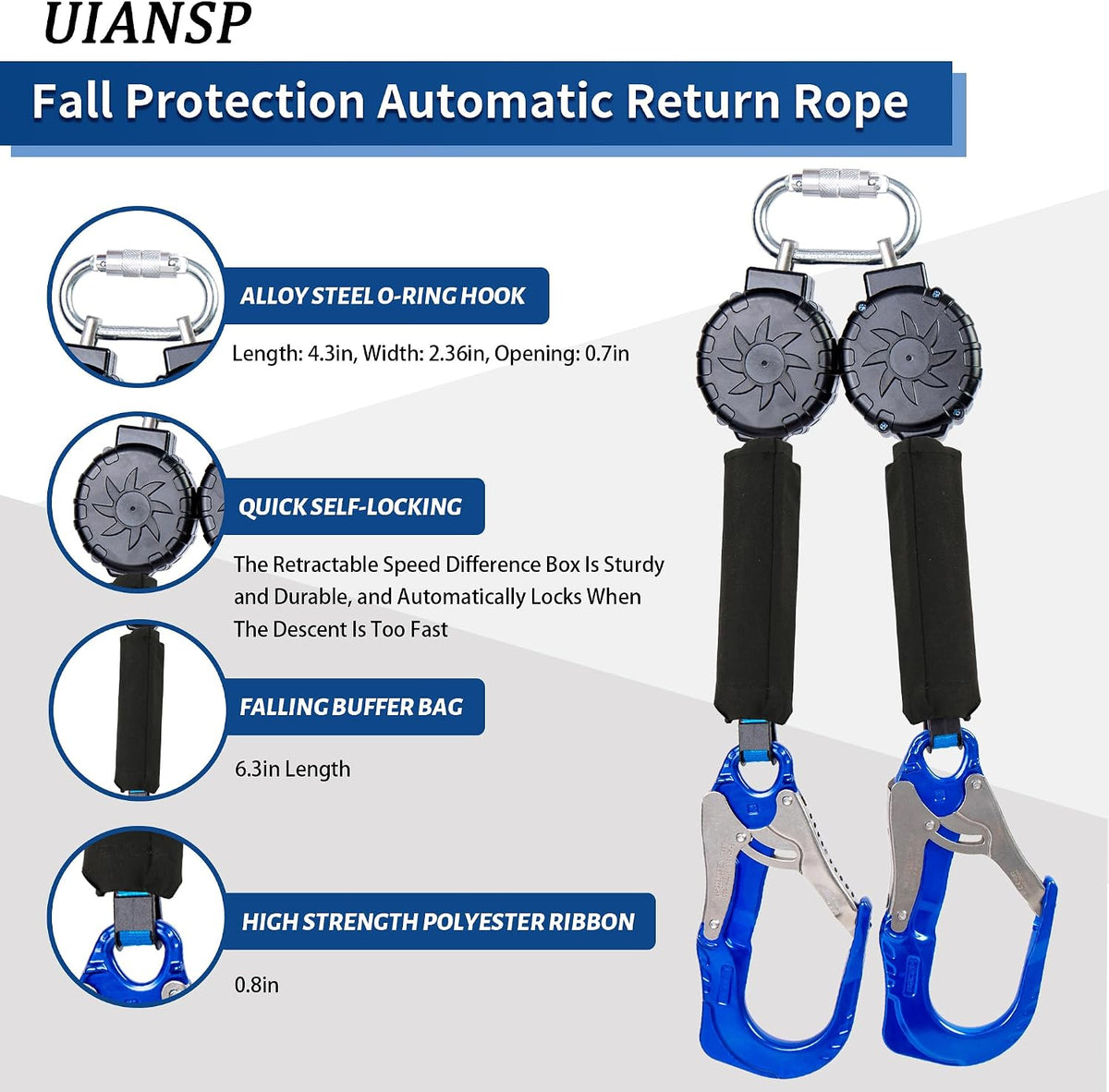 6FT Twin Leg Self Retracting Lifeline Fall Protection Retractable Lanyard | Lightweight Webbing, Shock Absorbing