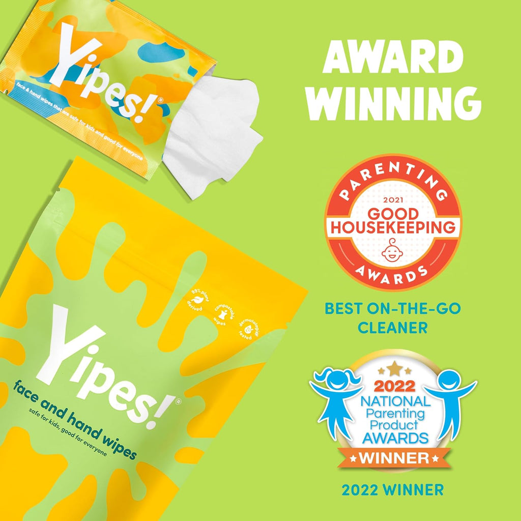Yipes! Kids Face and Hand Wipes | Compostable Wet Wipes for Sensitive Skin | Individually Wrapped | Classroom Must