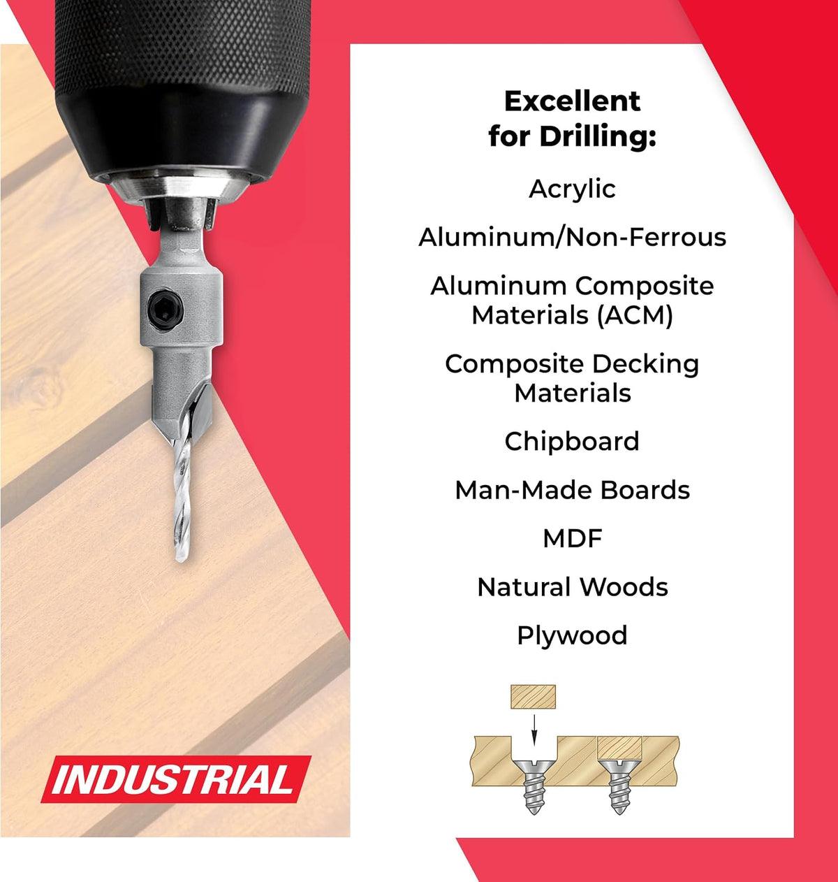 Amana Tool Carbide Tipped 82 Degree Countersink Drill Bit, 55264, 3/8 D x 49 Deg x 1/4 Quick Release Hex Shank for Wood Screw 8