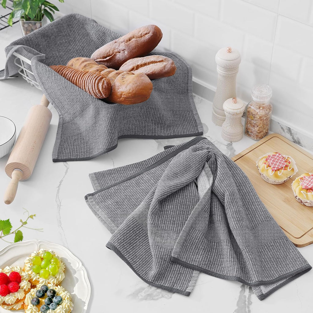 380 GSM Cotton Premium Kitchen Towels 6 Pack, 18"x 28", Grey | Flat and Terry Dish Towels, Highly Absorbent Tea Towel