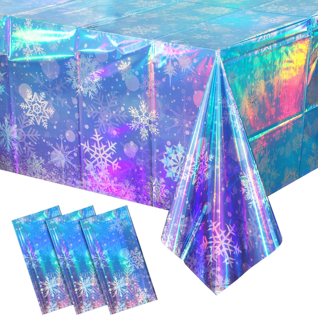 3 Pack Iridescent Winter Snowflake Plastic Tablecloth Decorations, Holographic Blue and Purple Snowflake Winter