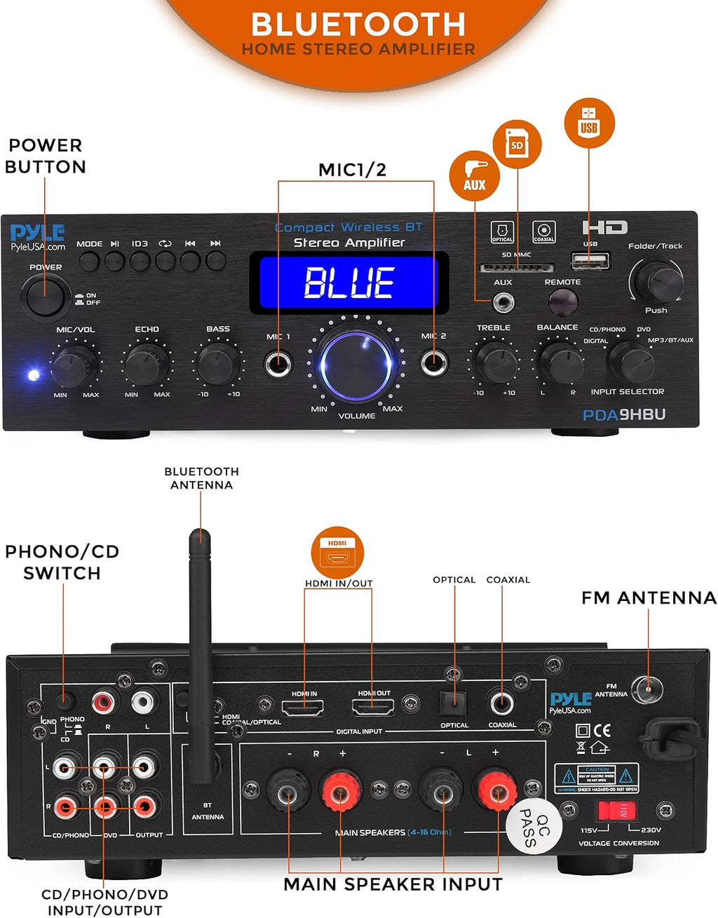 Usa Wireless Bluetooth Home Stereo Amplifier - Multi-Channel 200 Watt Power Amplifier Home Audio Receiver System w/