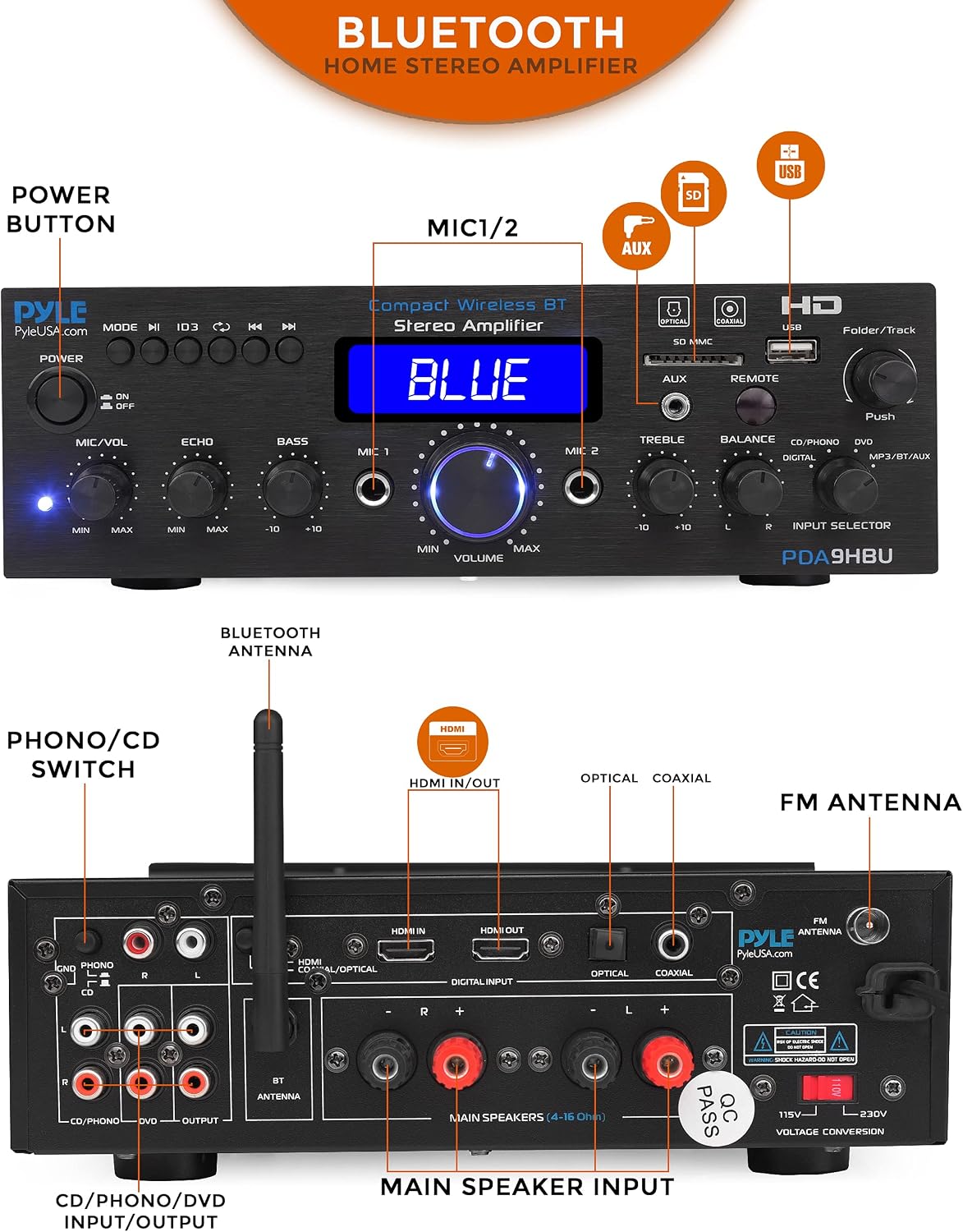 Usa Wireless Bluetooth Home Stereo Amplifier - Multi-Channel 200 Watt Power Amplifier Home Audio Receiver System w/