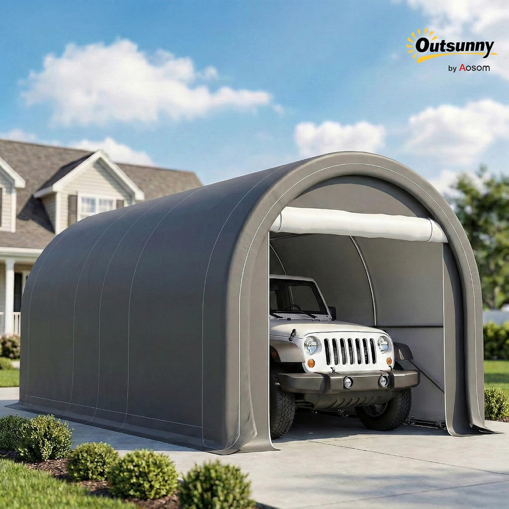 10' x 16' Carport Heavy Duty Portable Garage Storage Tent Gray | Large Zippered Door, Anti-UV PE Canopy Cover