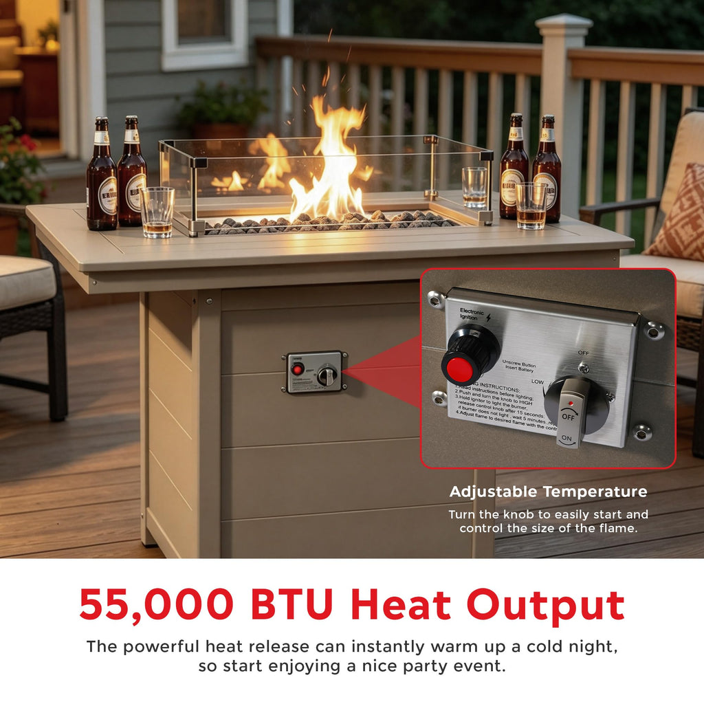 46" Modern Backyard Patio Rectangular Gas Propane Fire Pit Table (Rocks Not Included), Weathered Wood