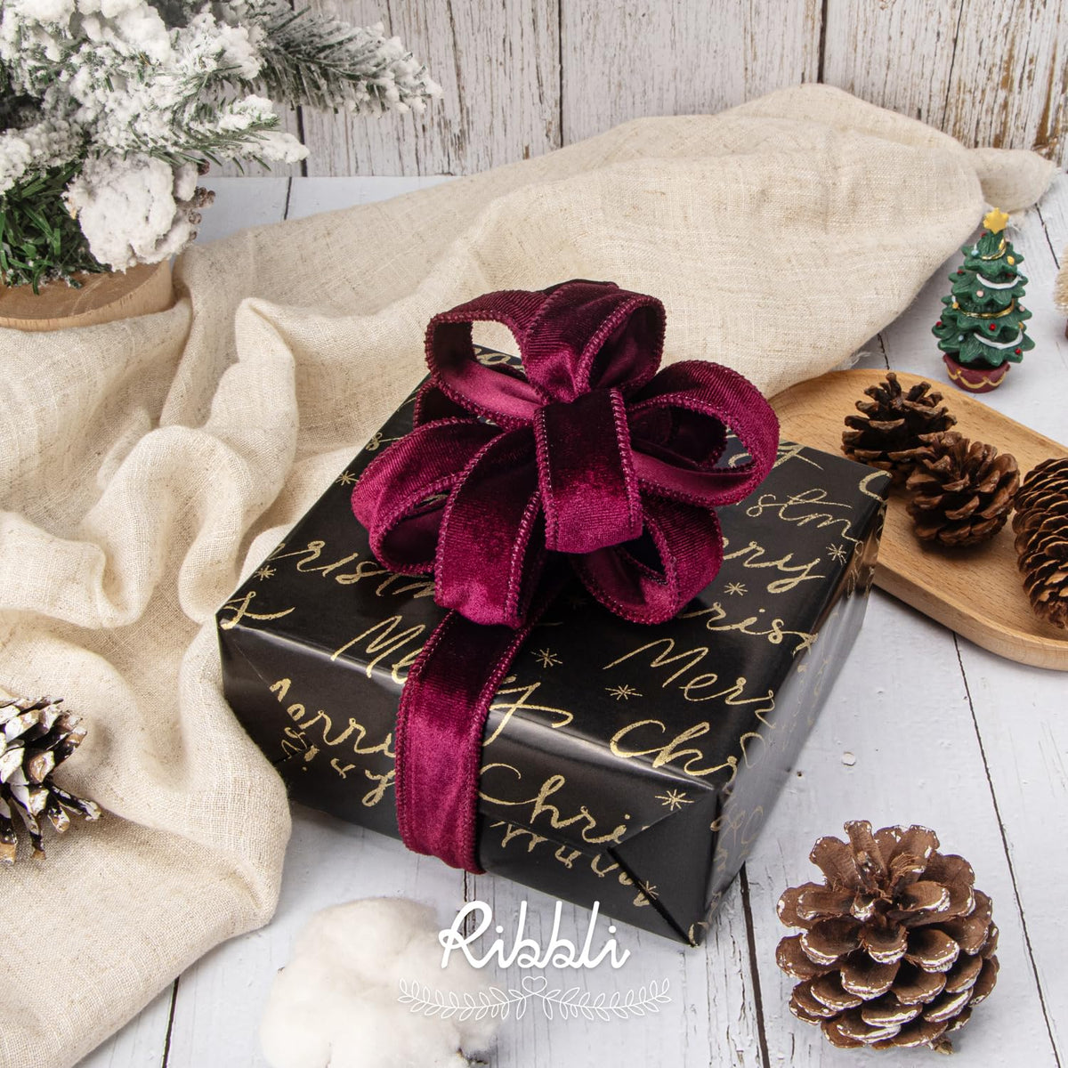 Burgundy Velvet Wired Ribbon 1 Inch Velvet with Satin Christmas Ribbon