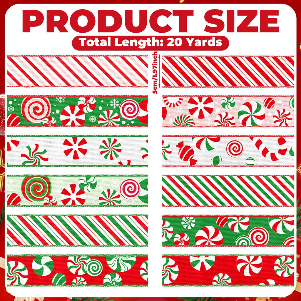 12 Rolls 60 Yard Candy Cane Christmas Wired Ribbon for Wreath Craft