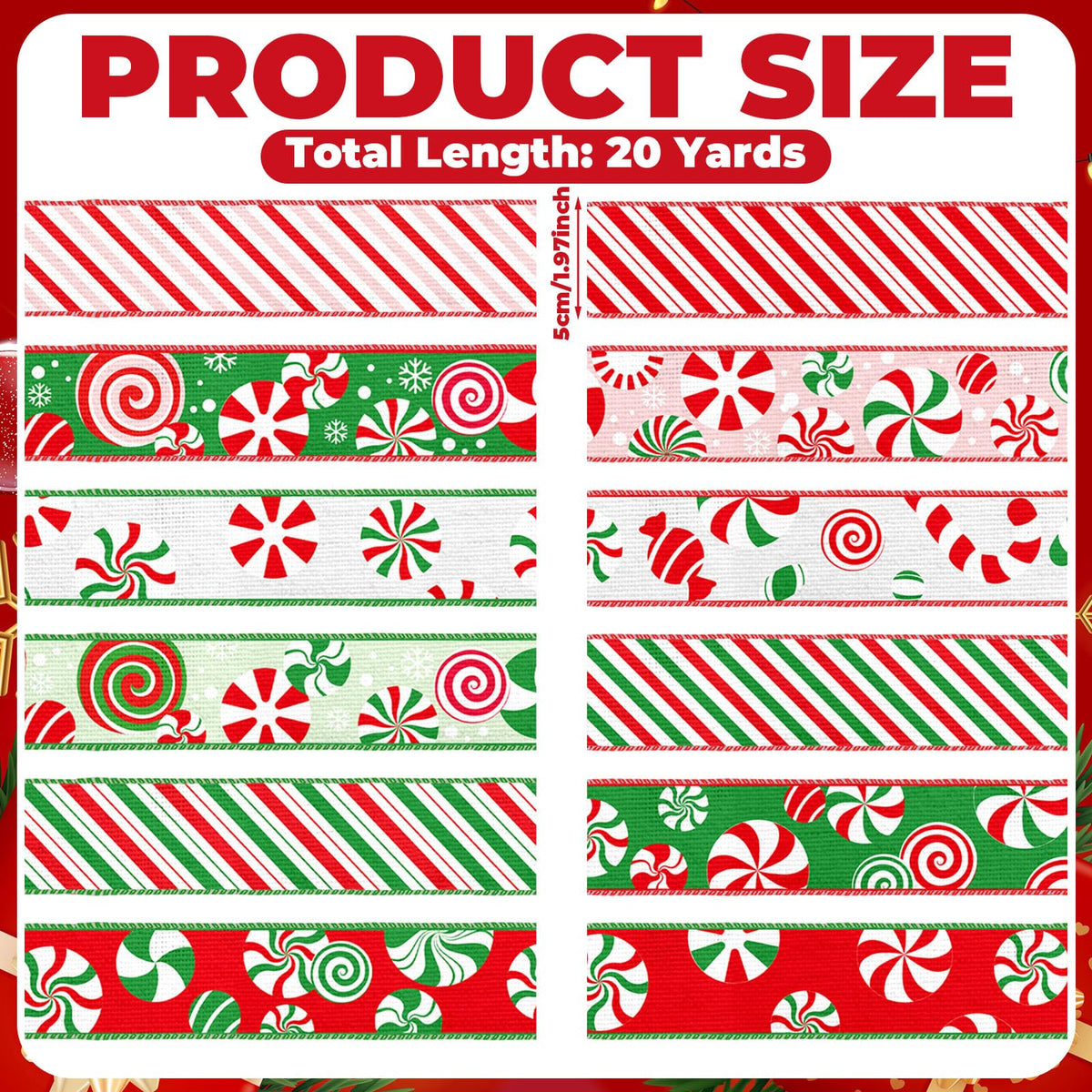 12 Rolls 60 Yard Candy Cane Christmas Wired Ribbon for Wreath Craft
