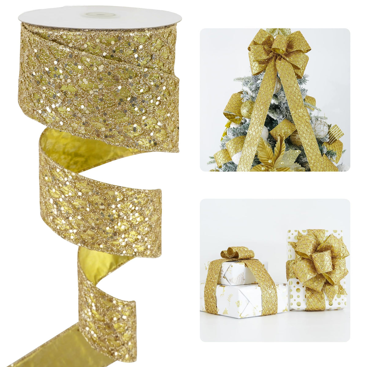 Glitter Gold Diamond Christmas Wired Ribbon 2.5 inch x 10 Yards